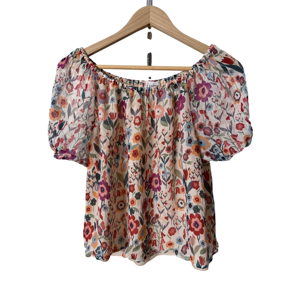 RED Valentino Silk Floral Print Off Shoulder Puff Sleeve Blouse Top US 8
